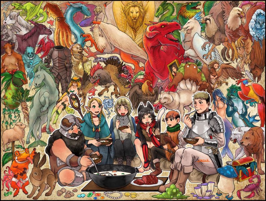 3boys 3girls animal_ears armor barometz basilisk bat_(animal) beard bicorn_(creature) bird black_eyes black_hair blonde_hair blue_dress breasts brown_eyes brown_hair cat_ears cat_girl cat_tail chilchuck_tims clam cockatrice cup dragon dress dryad dungeon_meshi dwarf eating elf everyone facial_hair falin_touden falin_touden_(chimera) falin_touden_(tallman) fish food frog gargoyle ghost golem green_eyes griffin halfling harpy hippogriff izutsumi kelpie kitsune kraken laios_touden living_armor_(dungeon_meshi) mandrake marcille_donato mermaid minotaur monster_girl mug multiple_boys multiple_girls mushroom nipples phoenix pitcher_plant plant plate pointy_ears rabbit senshi_(dungeon_meshi) skyfish_(cryptid) slime_(substance) smile soup soup_ladle spoon succubus_(dungeon_meshi) tail undine unicorn utensil_in_mouth walking_mushroom_(dungeon_meshi) warg winged_lion_(dungeon_meshi) wolf ym32k