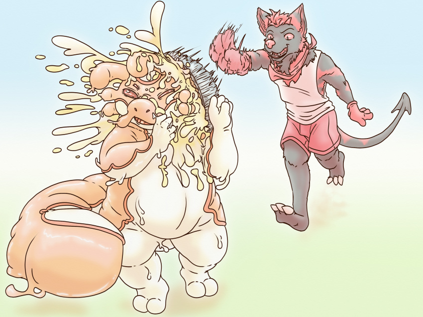 anthro demon digital_media_(artwork) duo food food_fetish goo_creature goo_humanoid hi_res humanoid imp lavilovi male mammal monster pie_fight simple_background slime