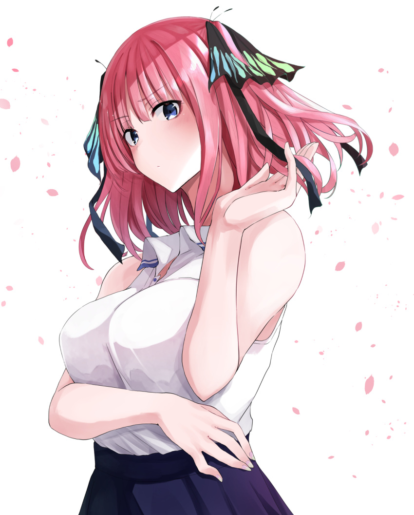 adjusting_hair arm_under_breasts bare_shoulders black_ribbon blue_eyes blue_skirt blunt_bangs blush breasts butterfly_hair_ornament closed_mouth female from_side frown fuu_(fuore) go-toubun_no_hanayome hair_flip hair_ornament hair_ribbon hand_in_own_hair highres large_breasts nakano_nino petals pink_hair ribbon shirt shirt_tucked_in short_hair simple_background skirt sleeveless two_side_up white_background white_shirt