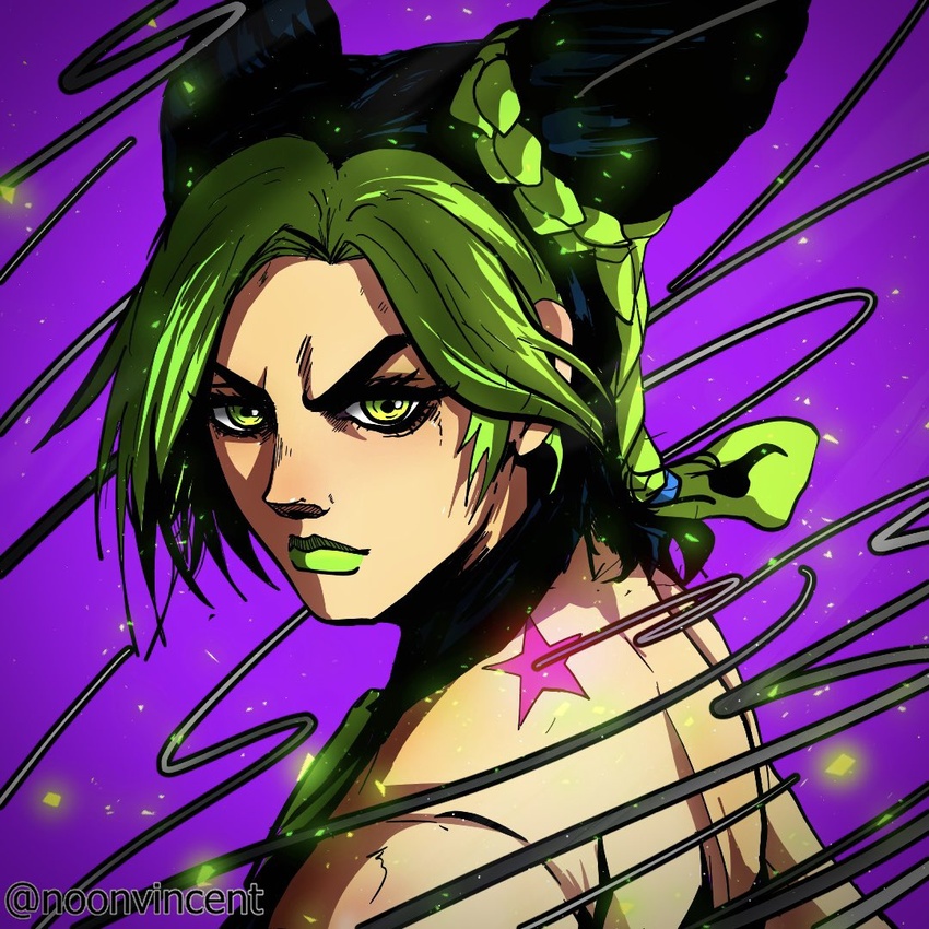 birthmark black_hair braid braided_bun braided_ponytail cone_hair_bun double_bun female green_eyes green_hair green_lips hair_bun halterneck joestar_birthmark jojo_no_kimyou_na_bouken kujo_jolyne lipstick makeup multicolored_hair noonvincent serious solo star_(symbol) star_tattoo stone_ocean string tattoo two-tone_hair