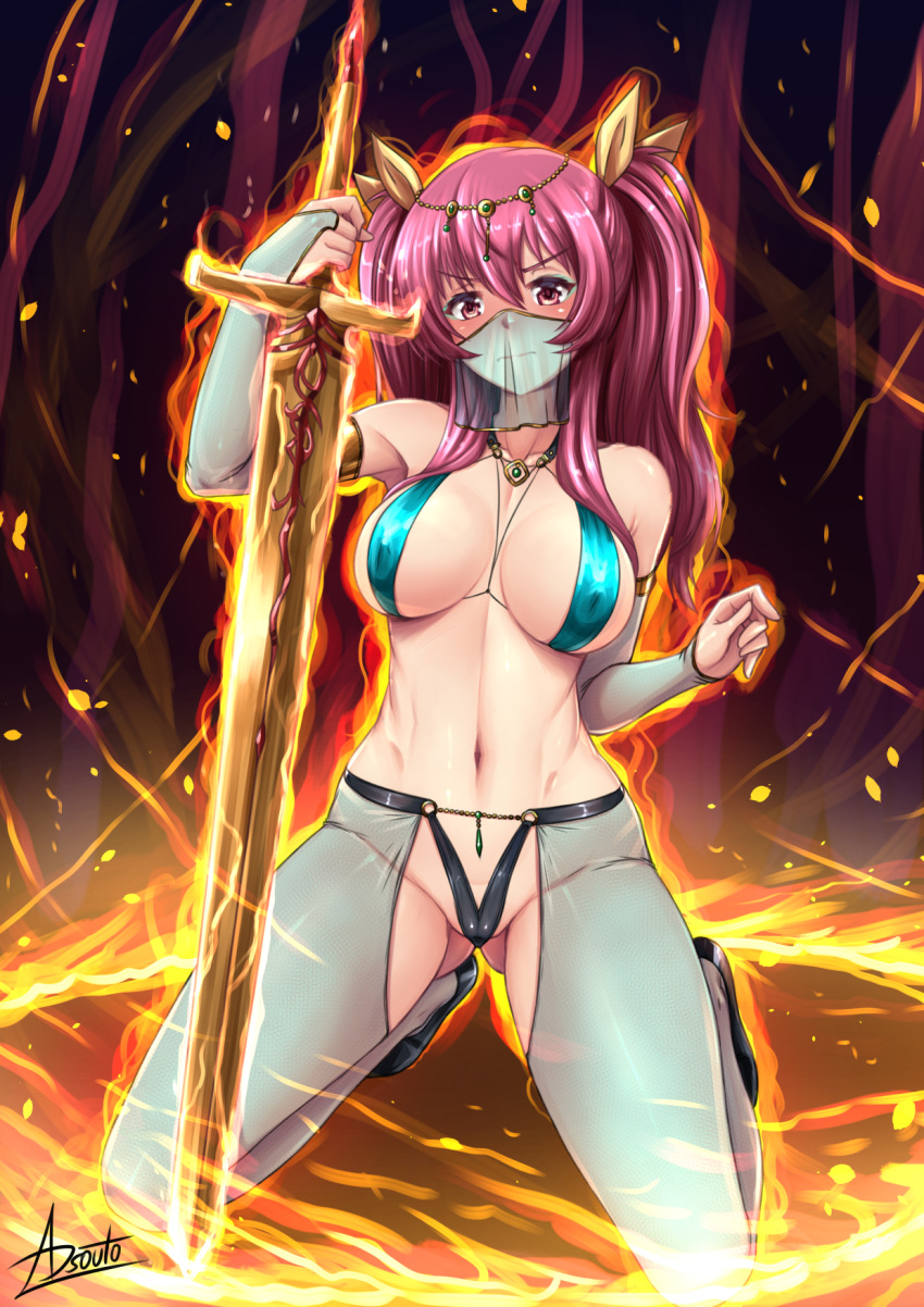 adsouto alternate_costume breasts bridal_gauntlets female fire frown full_body hair_ribbon harem_outfit highres holding holding_sword holding_weapon kneeling large_breasts looking_at_viewer mouth_veil navel rakudai_kishi_no_cavalry red_eyes red_hair revealing_clothes ribbon see-through signature solo stella_vermillion sword veil weapon