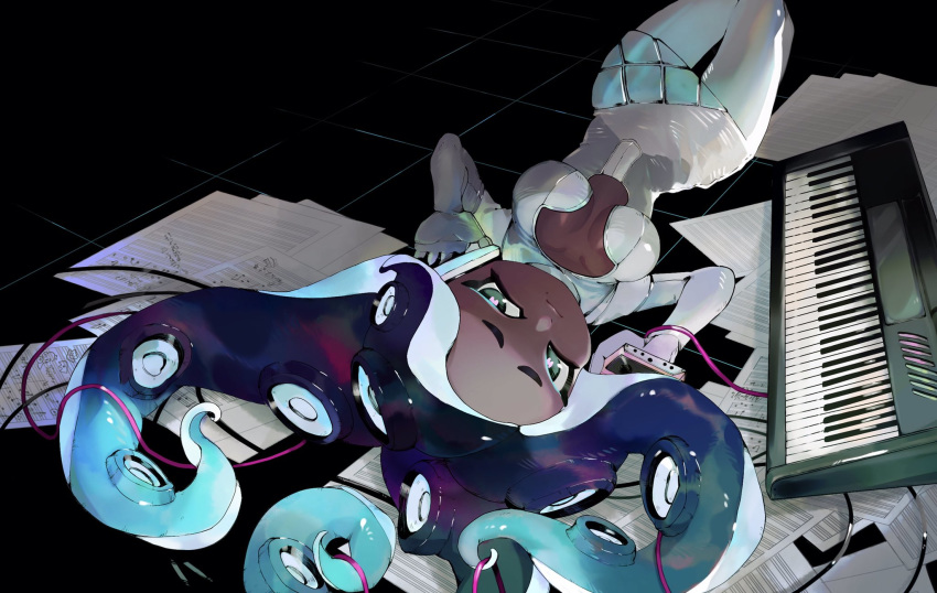 bad_id bad_pixiv_id blue_hair breasts cassette_player cassette_tape center_opening cleavage closed_mouth collarbone dark-skinned_female dark_skin dress female furrowed_brow gradient_hair green_eyes highres horizontal_pupils instrument keyboard_(instrument) light_blue_hair long_hair looking_at_viewer lying marina_(splatoon) medium_breasts mole mole_under_mouth multicolored_hair musical_note octoling on_back pantyhose paper pink_pupils prehensile_hair sheet_music short_dress solo splatoon_(series) splatoon_2 suction_cups tentacle_hair two-tone_hair urutora very_long_hair white_dress white_pantyhose