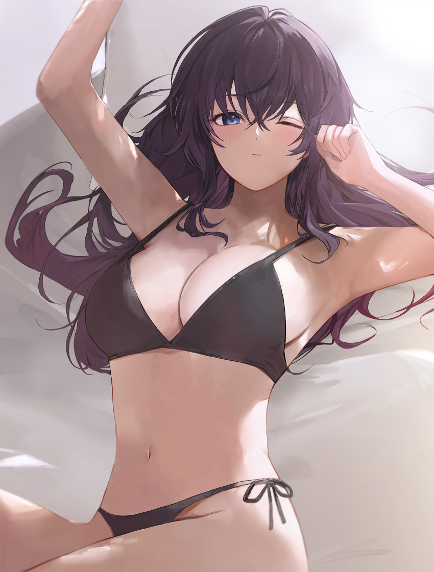 asahina_mafuyu bed_sheet bikini black_bikini blue_eyes breasts closed_mouth commentary female hair_between_eyes highres large_breasts long_hair looking_at_viewer navel one_eye_closed pillow project_sekai purple_hair side-tie_bikini_bottom solo swimsuit tomura2maru