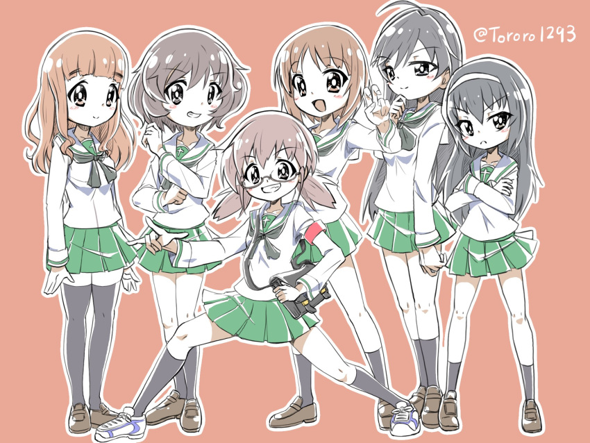 6+girls \n/ ahoge akiyama_yukari armband bag black-framed_eyewear black_eyes black_hair black_neckwear black_socks black_thighhighs blouse blunt_bangs brown_eyes brown_footwear brown_hair closed_mouth commentary crossed_arms girls_und_panzer glasses green_skirt grin hairband hand_on_own_chin highres isuzu_hana loafers long_hair long_sleeves looking_at_viewer low_twintails messy_hair miniskirt multiple_girls neckerchief nishizumi_miho ooarai_school_uniform open_mouth orange_eyes orange_hair ou_taiga outline pink_background pleated_skirt pose reizei_mako sailor_collar satchel school_uniform semi-rimless_eyewear serafuku shirt shoes short_hair simple_background skirt smile sneakers socks standing takebe_saori thighhighs twintails twitter_username under-rim_eyewear v white_footwear white_hairband white_outline white_sailor_collar white_shirt yamakake_(tororo1293)