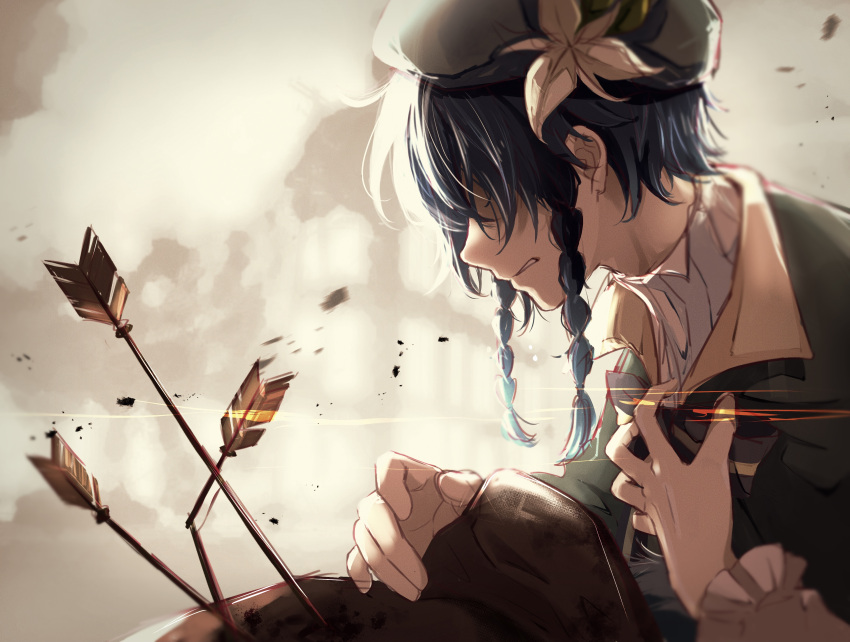 2boys absurdres arrow_(projectile) black_hair blue_hair blurry blurry_background bow braid broken_arrow commentary_request covered_eyes flower frilled_sleeves frills from_side genshin_impact gradient_hair green_headwear hair_flower hair_ornament hat highres long_sleeves male_focus multicolored_hair multiple_boys nameless_bard_(genshin_impact) nezu_(se_aroe) open_mouth ribbon simple_background twin_braids venti_(genshin_impact) white_flower