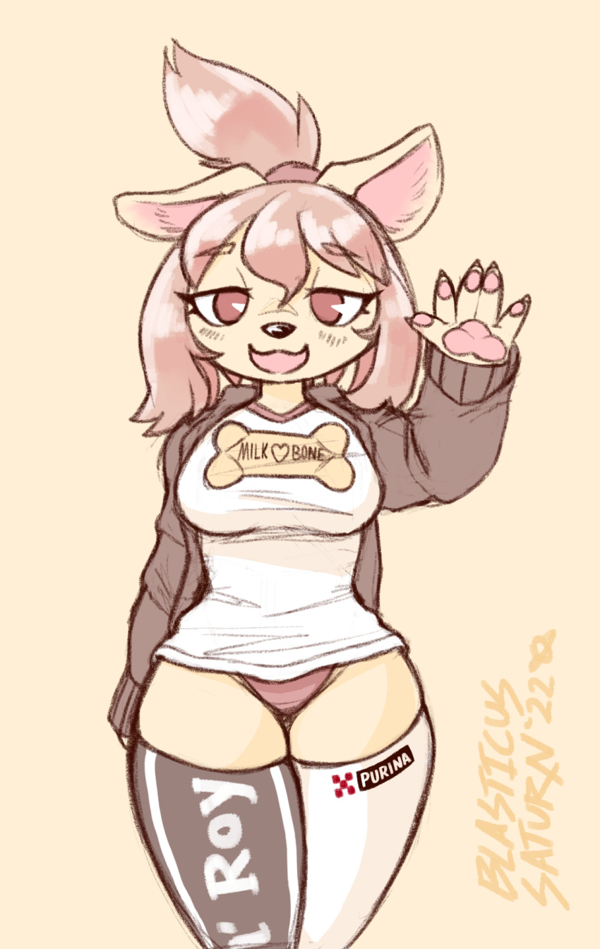 2022 anthro biscuit_(blasticussaturn) blasticussaturn canid canine canis clothing domestic_dog english_text female hair hi_res hoodie legwear logo looking_at_viewer mammal milk_bone open_mouth pawpads pink_hair ponytail purina raised_arm shirt smile solo t-shirt text text_on_clothing text_on_legwear text_on_shirt text_on_thigh_highs text_on_topwear thigh_highs topwear