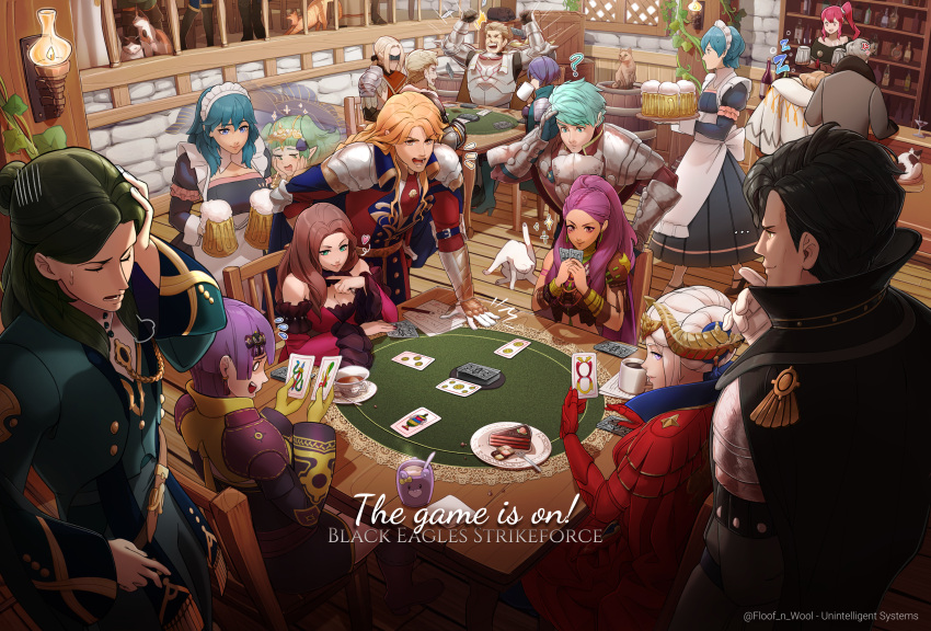 6+boys 6+girls absurdres alois_rangeld anger_vein anna_(fire_emblem) bar_(place) beer_mug bernadetta_von_varley byleth_(female)_(fire_emblem) byleth_(fire_emblem) byleth_(male)_(fire_emblem) card caspar_von_bergliez coffee_mug crossdressing cup dorothea_arnault dual_persona edelgard_von_hresvelg everyone feline ferdinand_von_aegir fire_emblem fire_emblem:_three_houses floof_n_wool hanneman_von_essar highres hubert_von_vestra jeralt_reus_eisner jeritza_von_hrym leaning_on_person linhardt_von_hevring maid maid_headdress manuela_casagranda mug multiple_boys multiple_girls official_alternate_costume petra_macneary playing_card shaded_face shamir_nevrand sitting sleeping sleeping_on_person smile sothis_(fire_emblem) table tavern twitter_username