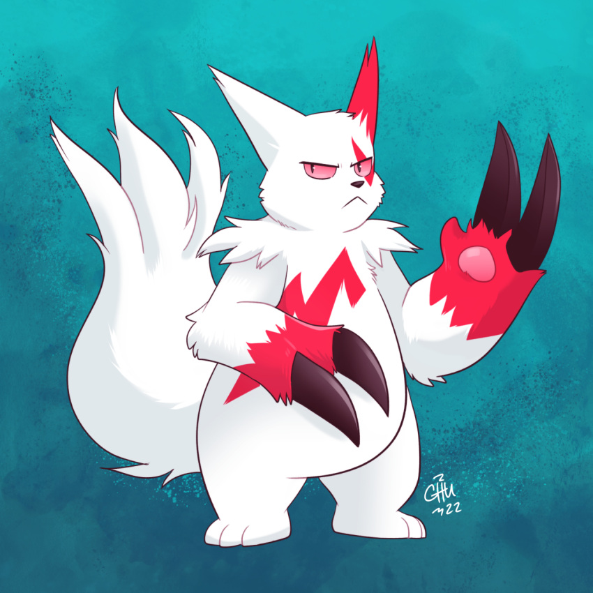 1:1 2022 anthro claws generation_3_pokemon hi_res markings nintendo pokemon pokemon_(species) pose red_eyes red_markings signature simple_background solo tail the-chu zangoose