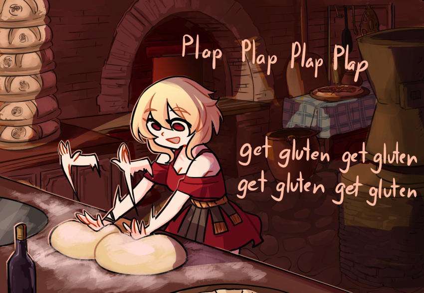 bakery baking bare_shoulders blonde_hair breasts brick_oven centurii-chan centurii-chan_(artist) cleavage commentary corked_bottle dress english_commentary english_text female flour hair_between_eyes highres kneading_dough medium_hair meme motion_lines no_pupils off-shoulder_dress off_shoulder open_mouth original oven parody plap_plap_plap_get_pregnant_(meme) red_dress red_eyes shop smile solo stone_floor tablecloth