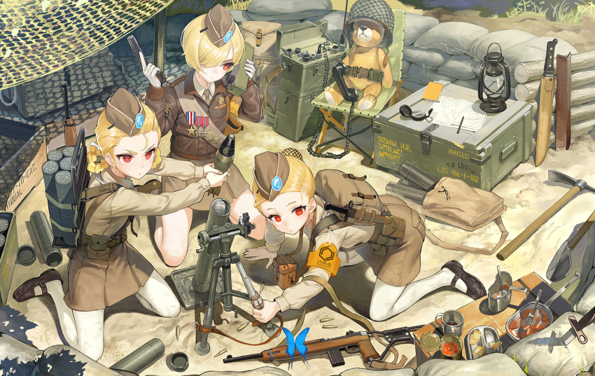 3girls ammunition armband backpack bag bayonet belt_pouch bipod black_footwear blonde_hair blue_butterfly bug bullet butterfly can canned_food combat_knife compass crate emblem field_radio food fork garrison_cap girls'_frontline gun hair_over_eyes handgun hat helmet highres holding holding_gun holding_weapon kneeling knife ladic lantern m1911 m1_carbine m2_(girls'_frontline) machete map medal military military_hat military_uniform mortar_(weapon) mortar_shell multiple_girls no_socks official_art pantyhose phone pickaxe pouch red_eyes rifle sandbag shoes short_hair shovel soup stuffed_animal stuffed_toy teddy_bear third-party_source uniform walkie-talkie weapon white_pantyhose wooden_box