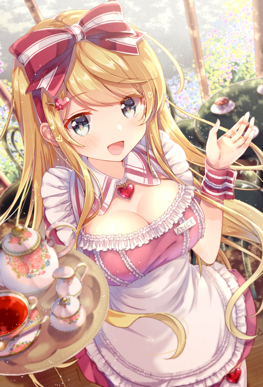 :d alternate_costume apron blonde_hair blue_eyes bow breasts cleavage cup day dress emu_alice enmaided female flower frilled_dress frills from_above gomano_rio hair_ornament hairbow hairclip hand_up highres liver_city long_hair looking_at_viewer maid maid_apron open_mouth outdoors pink_dress smile solo table tea teacup teapot tray wrist_cuffs