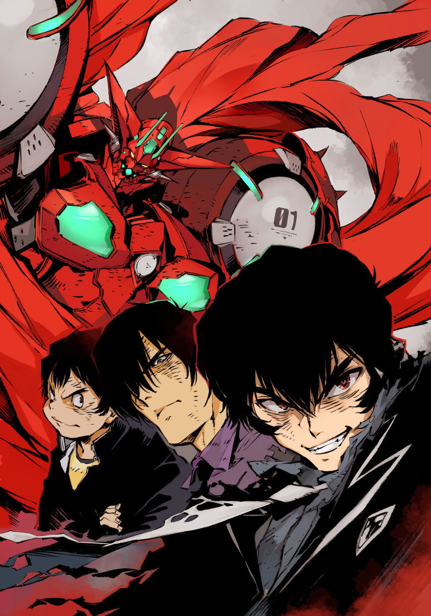 3boys absurdres black_eyes black_hair black_jacket collared_shirt getter-1_(devolution) getter_robo getter_robo_devolution head_tilt highres jacket jin_hayato_(devolution) male_focus mecha multiple_boys musashi_tomoe_(devolution) nagare_ryoma_(devolution) official_art purple_shirt red_eyes robot science_fiction shimizu_eiichi shimoguchi_tomohiro shirt smile super_robot v-shaped_eyebrows yellow_shirt