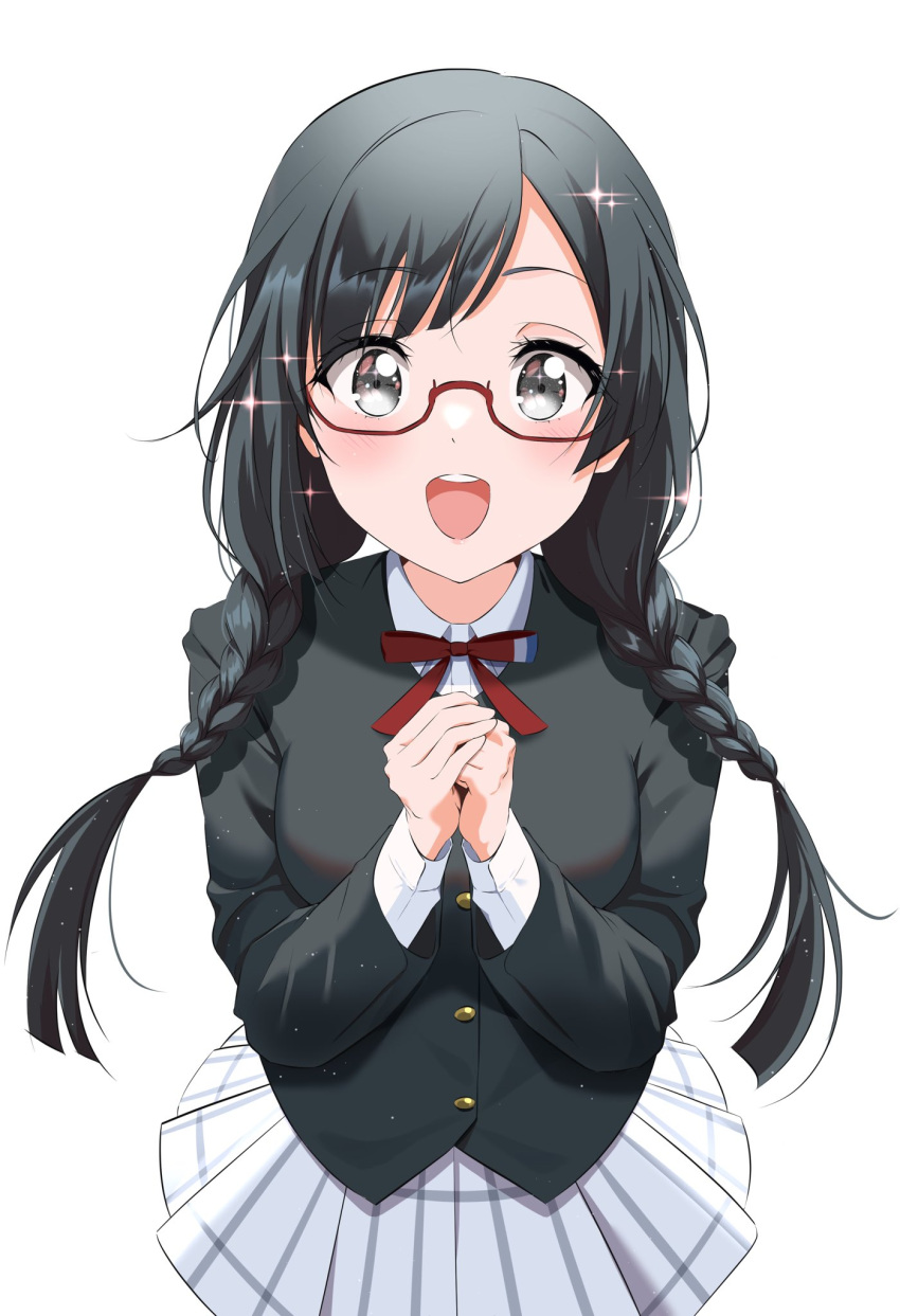 black_hair blush braid breasts commentary female glasses gorilla-shi grey_eyes highres long_hair looking_at_viewer love_live! love_live!_nijigasaki_high_school_idol_club medium_breasts nakagawa_nana nijigasaki_school_uniform red-framed_eyewear school_uniform semi-rimless_eyewear sidelocks smile solo sparkle twin_braids under-rim_eyewear upper_body white_background yuki_setsuna_(love_live!)