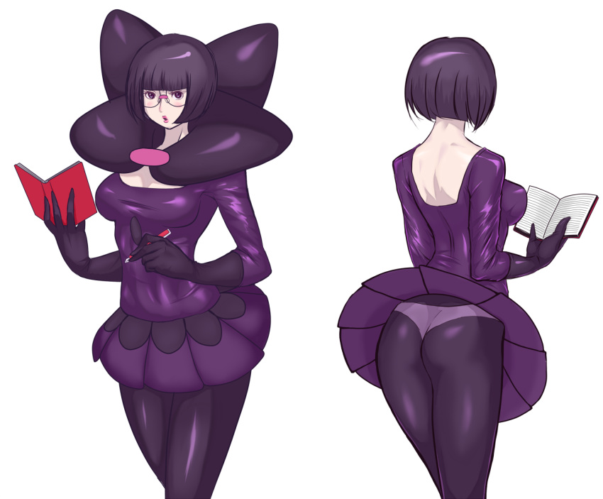 ass back black_bow black_gloves black_pantyhose blunt_bangs bob_cut book bow breasts cleavage commentary_request elbow_gloves female glasses gloves highres holding holding_book holding_pen large_breasts low-cut panties pantyhose pen pleated_skirt pokemon pokemon_bw purple_eyes purple_hair purple_skirt round_eyewear shauntal_(pokemon) short_hair shoulder_blades skirt solo underwear uya_(yurukah)