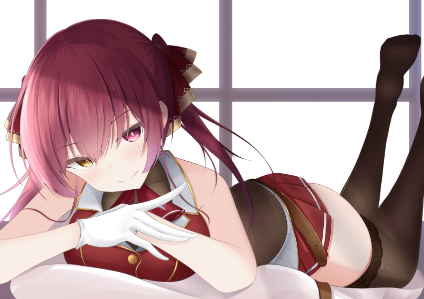 blush breasts doyachii female gloves hair_ribbon heterochromia hololive houshou_marine houshou_marine_(1st_costume) long_hair looking_at_viewer lying medium_breasts no_panties on_stomach pirate red_eyes red_hair red_ribbon ribbon smile solo twintails virtual_youtuber yellow_eyes