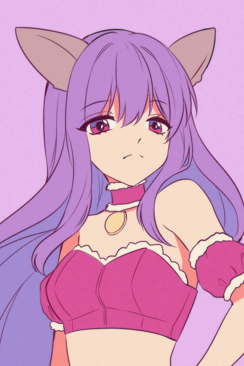 absurdres animal_ears bandeau bare_shoulders breasts choker closed_mouth crop_top detached_sleeves expressionless female fujiwara_zakuro hair_between_eyes highres long_hair looking_at_viewer magical_girl medium_breasts mew_zakuro midriff puffy_detached_sleeves puffy_sleeves purple_background purple_bandeau purple_choker purple_eyes purple_hair purple_theme purple_tube_top simple_background solo strapless tokyo_mew_mew tube_top upper_body wolf_ears yaya_chan