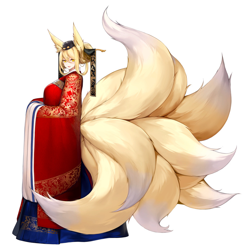 animal_ear_fluff animal_ears blonde_hair blush breasts crossed_bangs dress female fox_ears fox_girl fox_tail full_body hair_between_eyes hat highres hirume_of_heavenly_incense hwalot kitsune korean_clothes kyuubi last_origin looking_at_viewer looking_to_the_side multiple_tails official_alternate_costume official_art open_mouth smile snowball22 solo tachi-e tail third-party_source transparent_background wedding_dress wide_sleeves yellow_eyes