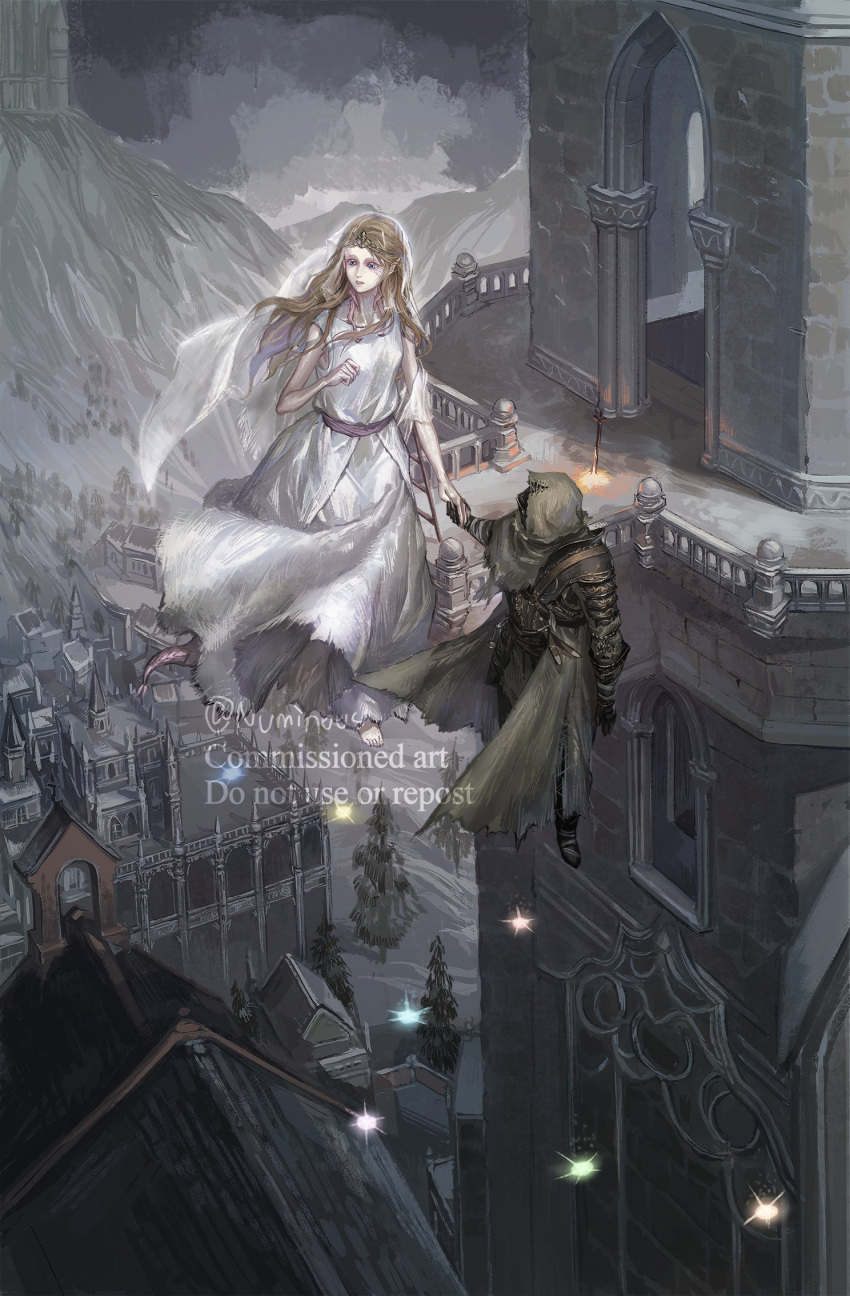 1other ashen_one_(dark_souls_3) brown_hair building company_captain_yorshka dark_souls_(series) dark_souls_iii dragon_girl dress female highres long_hair pilgrim_(silentreverie) pine_tree robe size_difference tail tall_female tree veil watermark white_dress window