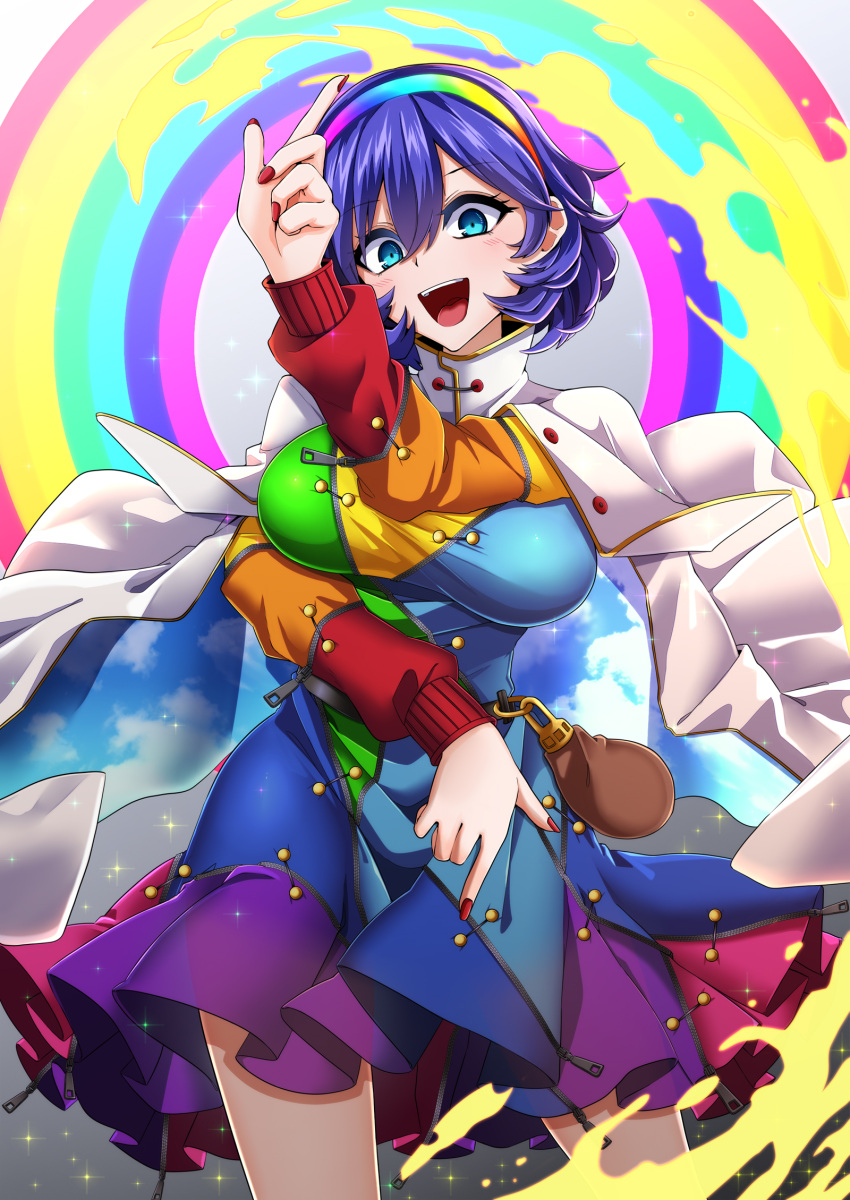 :d aura blue_eyes blush breasts cape commentary_request cowboy_shot female fingernails hair_between_eyes hairband highres large_breasts long_sleeves looking_at_viewer multicolored_clothes multicolored_hairband nail_polish open_mouth patchwork_clothes pointing pointing_down pointing_up pouch purple_hair rainbow_order red_nails rihito_(usazukin) short_hair sky_print smile solo sparkle standing teeth tenkyuu_chimata tongue touhou upper_teeth_only white_cape zipper_pull_tab