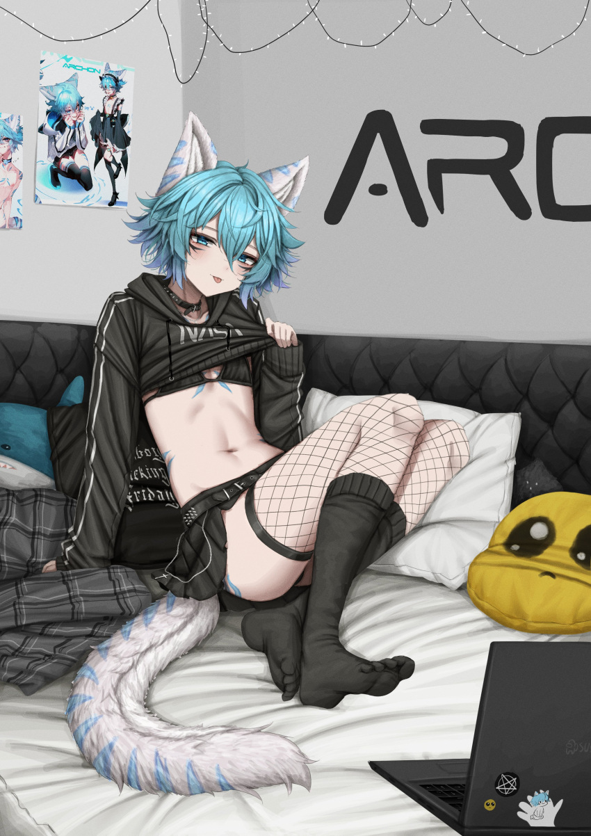 1boy :p absurdres animal_ears archon_eclipse bikini bikini_top_only black_bikini black_choker black_skirt black_socks blue_eyes blue_hair body_markings choker christmas_lights christmas_ornaments clothes_lift commission computer emoji feet fishnet_thighhighs fishnets highres ikea_shark indie_virtual_youtuber laptop legs leopard_boy leopard_ears leopard_tail lifting_own_clothes lobsteranian long_sleeves looking_at_viewer male_focus marking_on_cheek navel no_shoes otoko_no_ko pillow pleading_face_emoji poster_(object) shirt_lift short_hair sitting skirt snow_leopard socks soles spotted_tail stuffed_animal stuffed_shark stuffed_toy swimsuit tail thighhighs toes tongue tongue_out virtual_youtuber