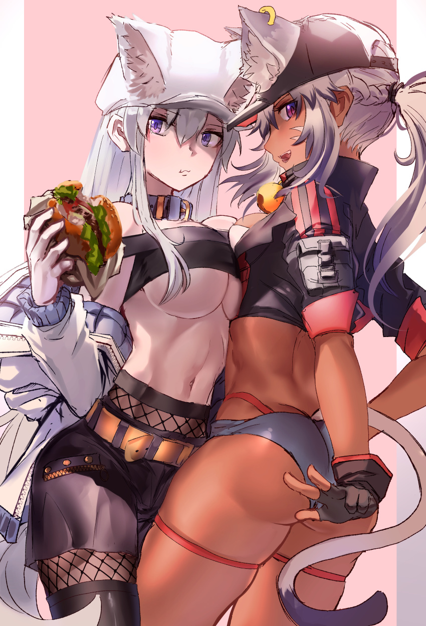 2girls absurdres animal_ears ass bandeau bare_shoulders baseball_cap bell belt black_gloves black_headwear black_jacket black_skirt breasts cat_ears cat_tail choker closed_mouth cowboy_shot crop_top cropped_jacket dark-skinned_female dark_skin ears_through_headwear eating extra_ears fishnets food gloves grey_hair hair_between_eyes hat highleg highres holding jacket jingle_bell large_breasts long_hair looking_at_viewer looking_back micro_shorts midriff miniskirt monster_energy-chan multiple_girls nakasaku-p navel off_shoulder open_mouth original partially_fingerless_gloves ponytail purple_eyes sandwich short_sleeves shorts sidelocks skindentation skirt sleeveless stomach tail thigh_strap underboob white_hair white_headwear white_jacket