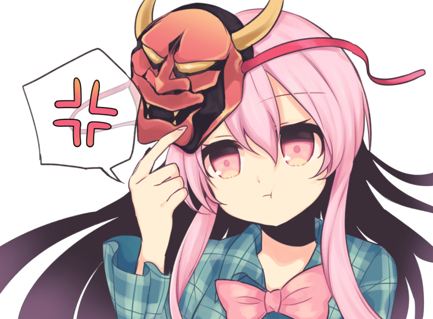 :t anger_vein annoyed aqua_shirt blank_stare blue_shirt bow bowtie closed_mouth collared_shirt crossed_bangs expressionless female hair_between_eyes hannya hata_no_kokoro holding holding_mask hopeless_masquerade long_hair long_sleeves looking_at_viewer mask nakukoroni oni_mask pink_bow pink_eyes pink_hair plaid plaid_shirt pout red_mask ribbon serious shirt sidelocks simple_background solo speech_bubble spoken_anger_vein spoken_symbol touhou upper_body white_background