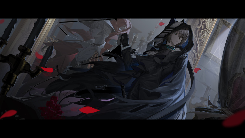 1boy arknights black_choker black_cloak black_gloves black_jacket choker cloak commentary_request different_reflection gloves grey_eyes grey_hair highres hood hooded_cloak indoors infection_monitor_(arknights) jacket letterboxed long_sleeves male_focus newflame petals phantom_(arknights) phantom_(focus)_(arknights) reflection rose_petals solo torn_cloak torn_clothes