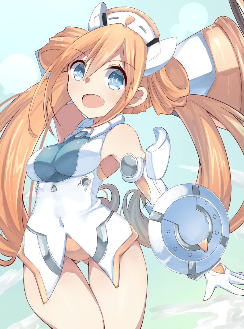 :d alternate_hair_length alternate_hairstyle arm_behind_head arm_up bare_shoulders blue_eyes breasts commentary_request double_bun elbow_pads female hair_between_eyes hair_bun happy highres holding holding_megaphone holding_weapon leotard long_hair looking_at_viewer medium_breasts megaphone neptune_(series) open_mouth orange_hair orange_heart_(neptunia) power_symbol power_symbol-shaped_pupils shield shimeji_wyvern shin_jigen_game_neptune_vii skin_tight smile solo symbol-shaped_pupils thigh_gap thighs twintails very_long_hair weapon