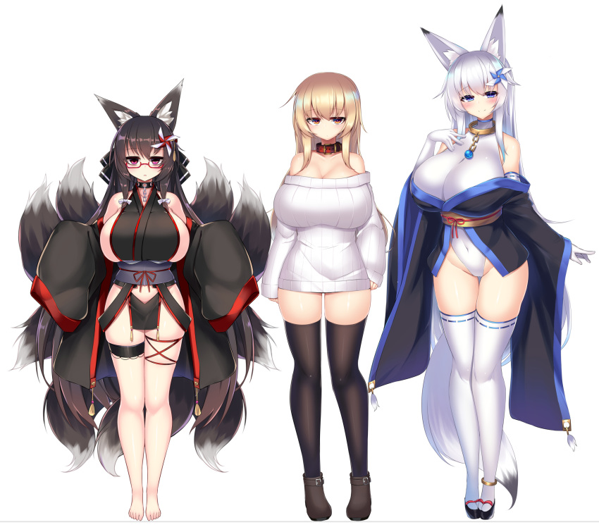 3girls :o animal_ears bare_shoulders black_footwear black_hair blonde_hair blue_eyes blush boots breasts brown_footwear detached_sleeves dress fox_ears fox_girl fox_tail hair_ornament highres huge_breasts japanese_clothes kubiwa_(kutan) kutan kutan-chan mizuki_(kutan) multiple_girls multiple_tails original red_eyes shoes smile sweater sweater_dress tail toes white_background white_hair white_sweater