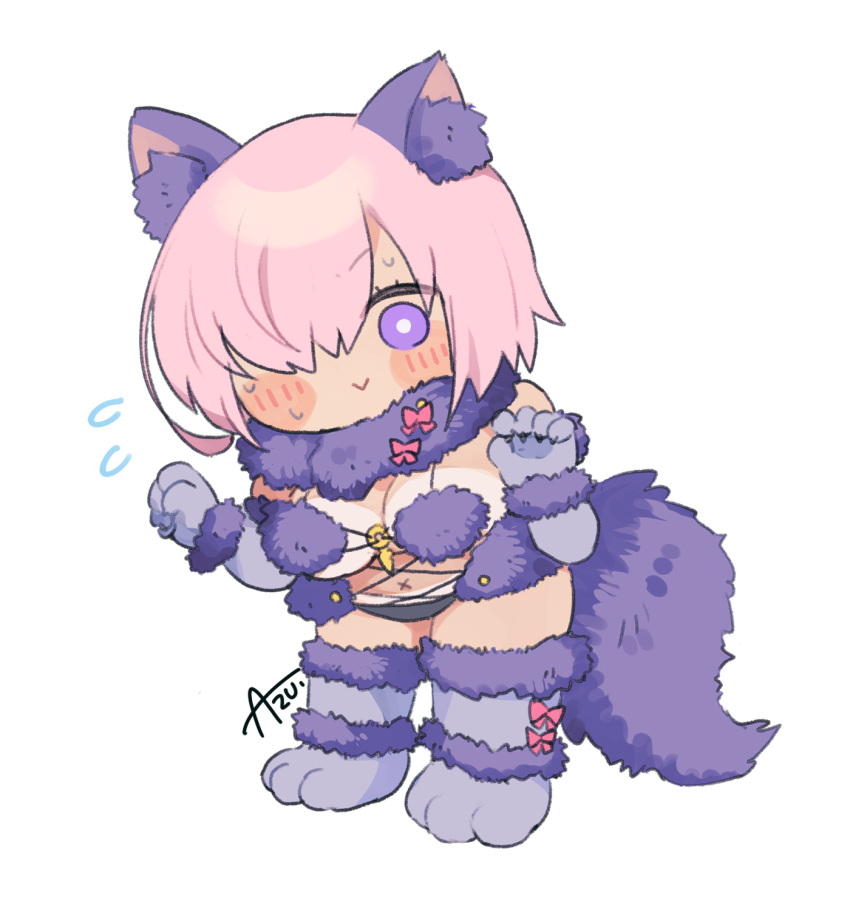 animal_ears azu_(kirara310) blush breasts chibi fate/grand_order fate_(series) female flying_sweatdrops full_body fur-trimmed_gloves fur-trimmed_legwear fur_bikini fur_collar fur_trim gloves hair_over_one_eye highres looking_at_viewer mash_kyrielight mash_kyrielight_(dangerous_beast) medium_breasts pink_hair purple_eyes purple_gloves purple_tail purple_thighhighs short_hair simple_background smile solo sweat tail tan tanlines thighhighs white_background wolf_ears wolf_tail