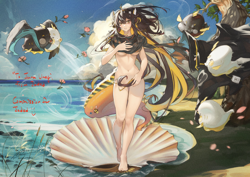 blonde_hair blowing blue_sky breasts brown_hair clam_shell cloud commission covering_breasts covering_crotch covering_privates cumulonimbus_cloud day eel eel_girl fadingz female fine_art_parody fins fish fish_tail flower hair_ornament idol_corp juna_unagi lightning_ahoge long_hair looking_at_viewer medium_breasts multicolored_hair navel nude ocean outdoors parody rose scarf seashell shell skeb_commission sky star_(symbol) star_hair_ornament tail the_birth_of_venus tree underboob very_long_hair virtual_youtuber water yellow_eyes