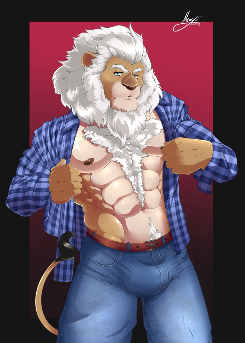 abs anthro body_hair chest_hair clay_calloway_(sing) felid hi_res illumination_entertainment lion male mammal mane memox_(artist) muscular muscular_anthro muscular_male nipple_fetish nipple_pinch nipple_play nipples pantherine pecs pinch pubes sing_(movie) solo white_mane