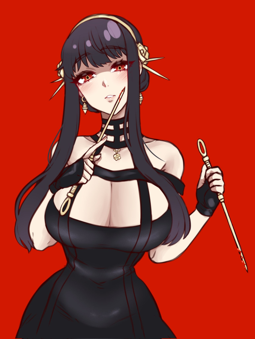 black_dress black_hair breasts cleavage curvy dress earrings female flower hair_flower hair_ornament highres jewelry jojobee large_breasts long_hair looking_at_viewer red_background red_eyes rose shirt solo spy_x_family yor_briar