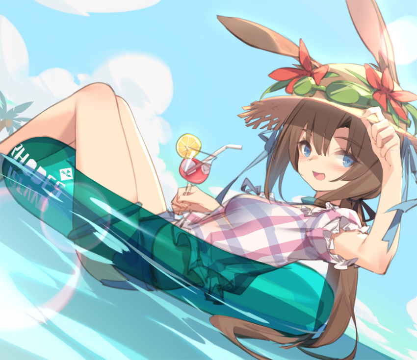 :d amiya_(arknights) animal_ear_fluff animal_ears arknights bendy_straw black_ribbon blue_eyes blue_shorts blue_sky blush breasts brown_hair brown_hat cloud commentary_request cup day drink drinking_glass drinking_straw dutch_angle ears_through_headwear female flower goggles goggles_on_headwear hair_between_eyes hair_ribbon hat hat_flower holding holding_cup ice ice_cube innertube kildir open_mouth outdoors palm_tree plaid plaid_skirt ponytail puffy_short_sleeves puffy_sleeves rabbit_ears red_flower ribbon short_shorts short_sleeves shorts skirt sky small_breasts smile solo straw_hat swim_ring transparent tree water