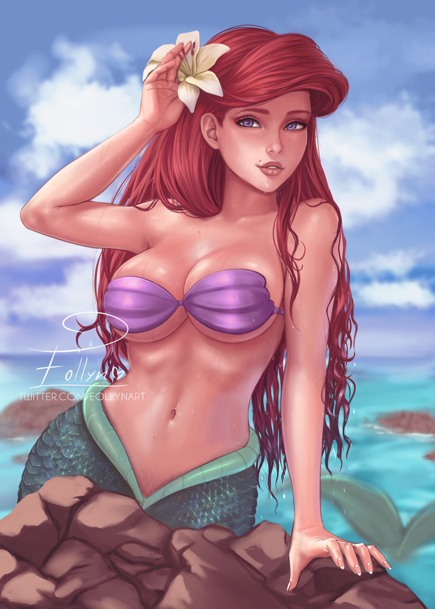 ariel_(disney) bare_shoulders breasts commentary english_commentary eollynart female highres lips long_hair looking_at_viewer mermaid mole mole_above_mouth monster_girl navel ocean purple_eyes red_hair rock shell shell_bikini solo the_little_mermaid water wet