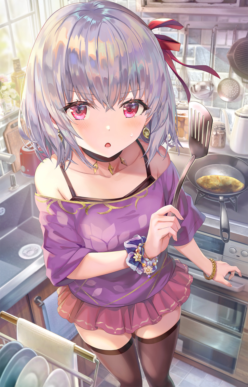 backlighting bare_shoulders black_thighhighs blush bracelet breasts choker collarbone contemporary dish_rack duplicate earrings fate/grand_order fate_(series) female fish_grill floral_print food frying_pan grey_hair hair_between_eyes hair_ribbon highres jar jewelry kama_(fate) kama_(first_ascension)_(fate) kettle kitchen ladle looking_at_viewer off-shoulder_shirt off_shoulder omelet oven photoshop_(medium) pixel-perfect_duplicate plate purple_shirt purple_skirt red_eyes ribbon scrunchie shirt short_hair short_sleeves sink skirt small_breasts solo spatula stove thighhighs thighlet thighs torino_aqua whisk window wrist_scrunchie