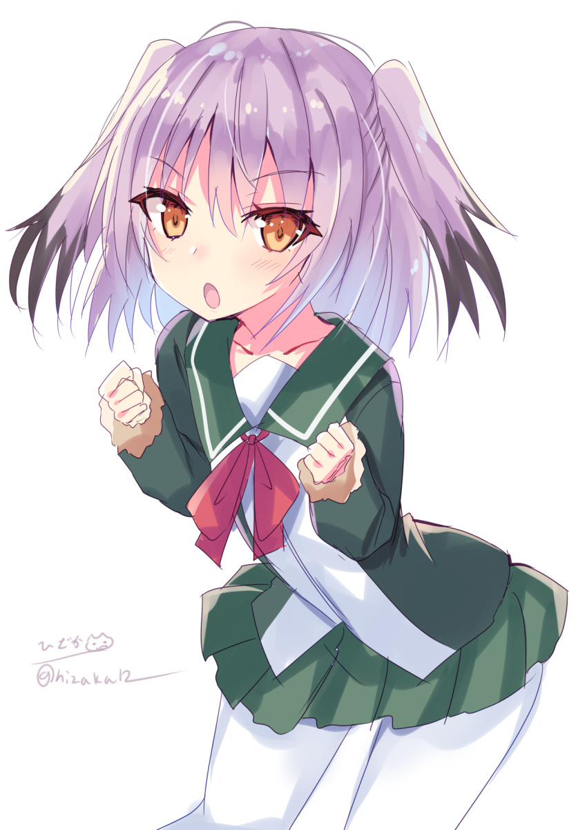 artist_name blush collarbone colored_tips feet_out_of_frame female fur-trimmed_sleeves fur_trim green_jacket green_skirt hair_between_eyes highres hizaka jacket kantai_collection kunashiri_(kancolle) long_hair long_sleeves multicolored_hair neck_ribbon one-hour_drawing_challenge open_mouth pantyhose pink_hair pleated_skirt red_ribbon ribbon signature simple_background skirt solo twitter_username two-tone_hair two_side_up white_background white_pantyhose yellow_eyes