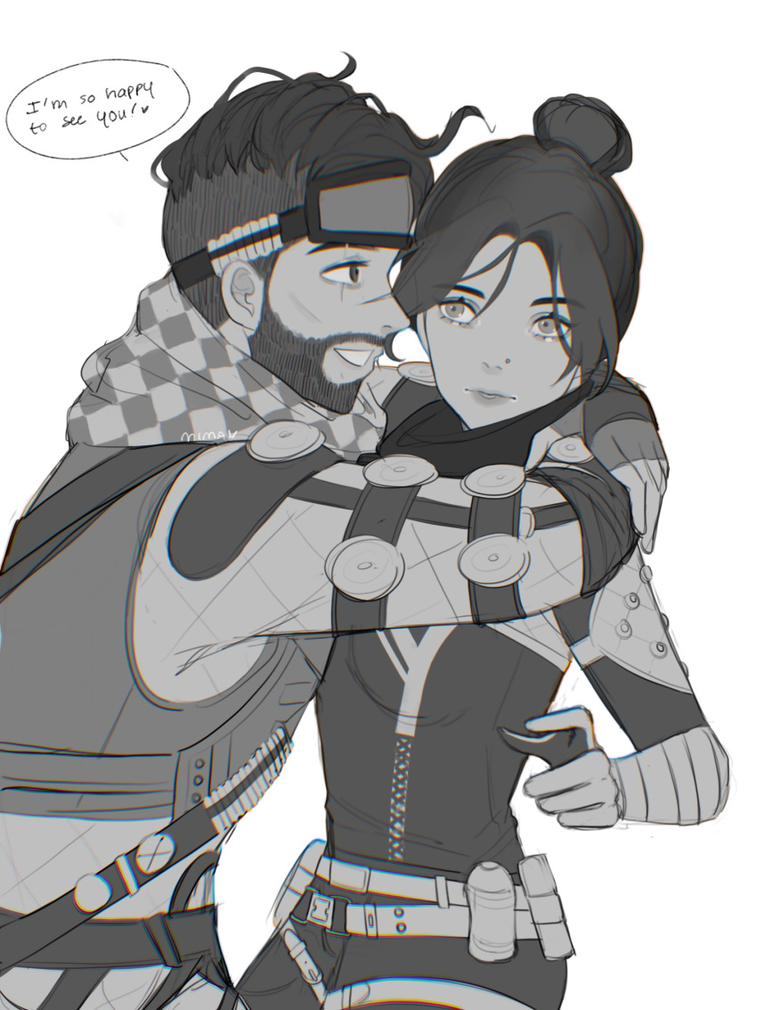 1boy animification apex_legends apex_legends:_overtime belt bodysuit breasts checkered_clothes checkered_scarf english_commentary english_text facial_hair female fingerless_gloves gloves goatee goggles goggles_on_head greyscale hair_bun highres hug itsaboutspoons medium_breasts mirage_(apex_legends) monochrome nose_piercing open_hand piercing scarf scene_reference single_hair_bun smile speech_bubble straight thigh_strap wraith_(apex_legends)