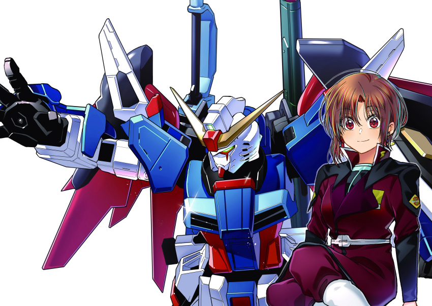 absurdres brown_hair cosplay destiny_gundam female glowing glowing_eye green_eyes gundam gundam_seed gundam_seed_destiny hair_behind_ear hg_ni_koisuru_futari highres kanzaki_sayaka_(hg_ni_koisuru_futari) kudou_makoto looking_down looking_to_the_side mecha mechanical_wings military military_uniform open_hand red_eyes robot science_fiction shinn_asuka shinn_asuka_(cosplay) shiny smile uniform v-fin white_background wings