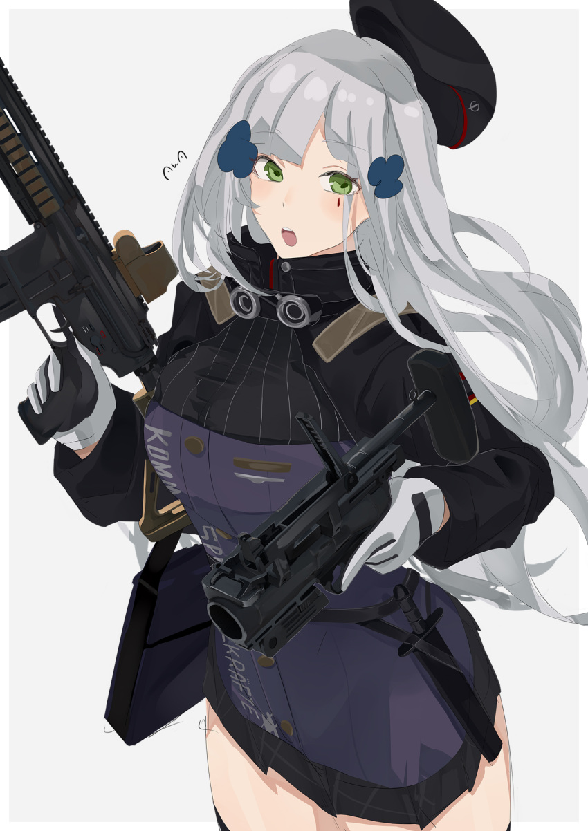 :o artist_name assault_rifle bag beret black_skirt breasts commentary_request feet_out_of_frame female girls'_frontline gloves green_eyes grey_hair gun h&k_hk416 hair_between_eyes hair_ornament hairclip hat highres hk416_(girls'_frontline) holding holding_bag holding_gun holding_weapon jacket knife_sheath long_hair looking_at_viewer m320 medium_breasts open_mouth rifle sheath skirt solo standing sutekina_awa tactical_clothes teardrop_facial_mark teardrop_tattoo weapon white_background white_gloves