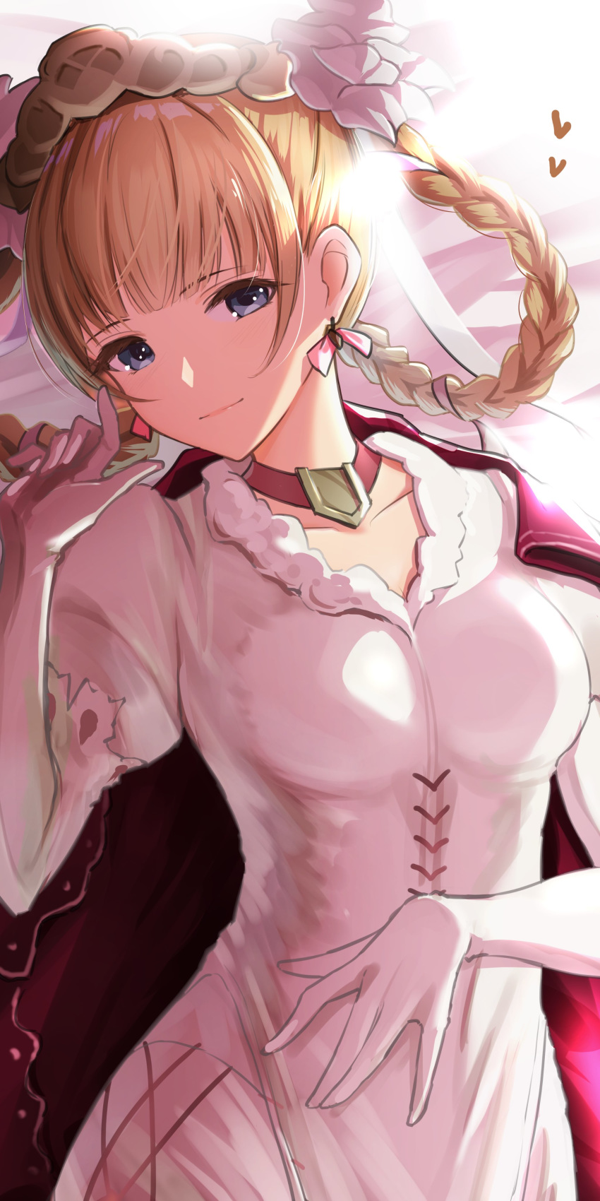 absurdres aiu_eo bad_id bad_twitter_id blonde_hair blue_eyes blunt_bangs braid dress elbow_gloves female gloves granblue_fantasy highres juliet_(granblue_fantasy) looking_at_viewer smile solo tiara white_dress white_gloves