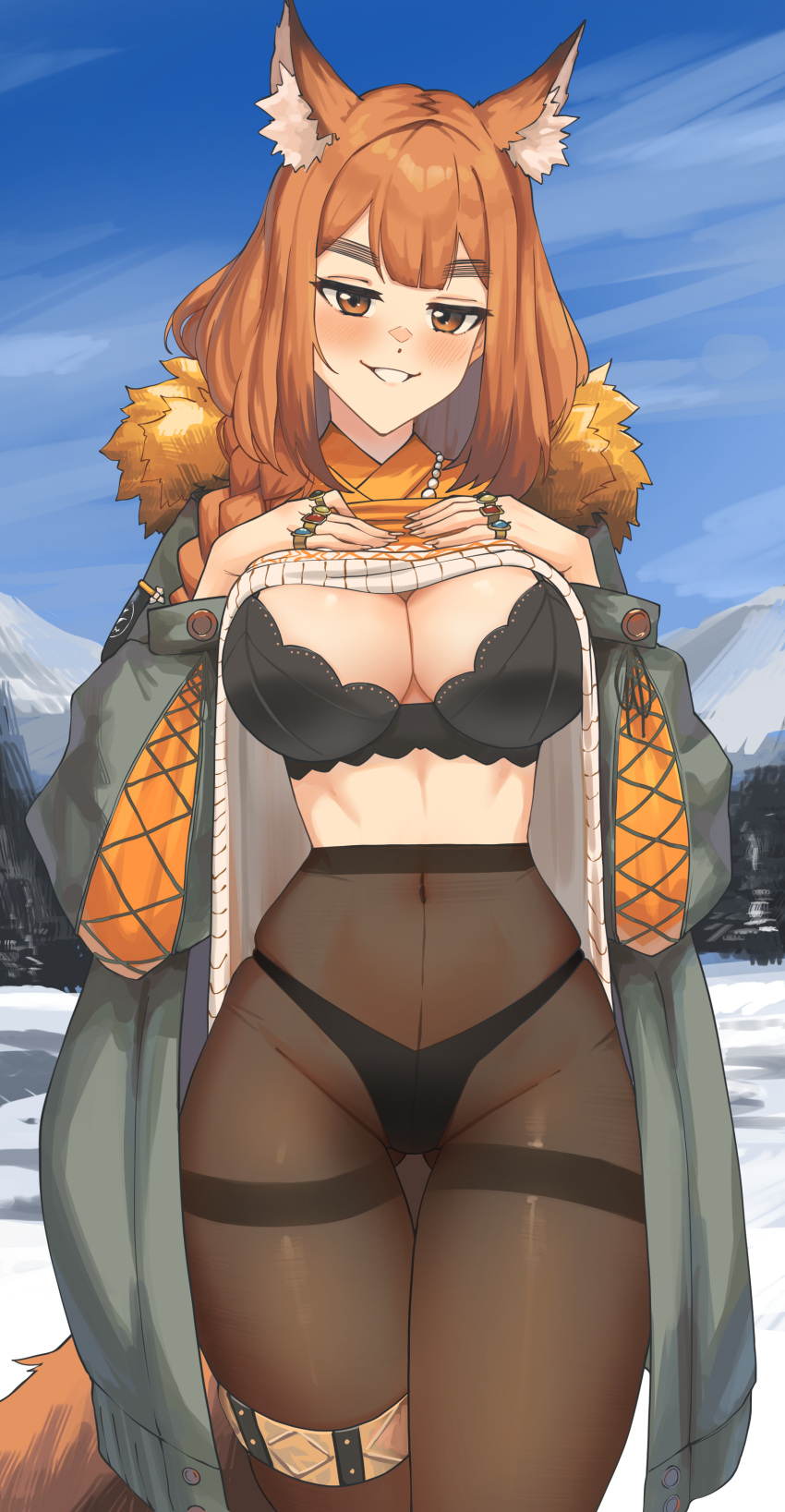 absurdres animal_ears arknights black_bra black_panties blue_sky blush bra breasts brown_eyes brown_hair cloud coat commentary_request cowboy_shot day female grey_coat grin hands_on_own_chest highres large_breasts long_hair long_sleeves looking_at_viewer open_clothes open_coat panties panties_under_pantyhose pantyhose radioneet ratatos_browntail_(arknights) sky smile solo standing thighband_pantyhose thighs underwear