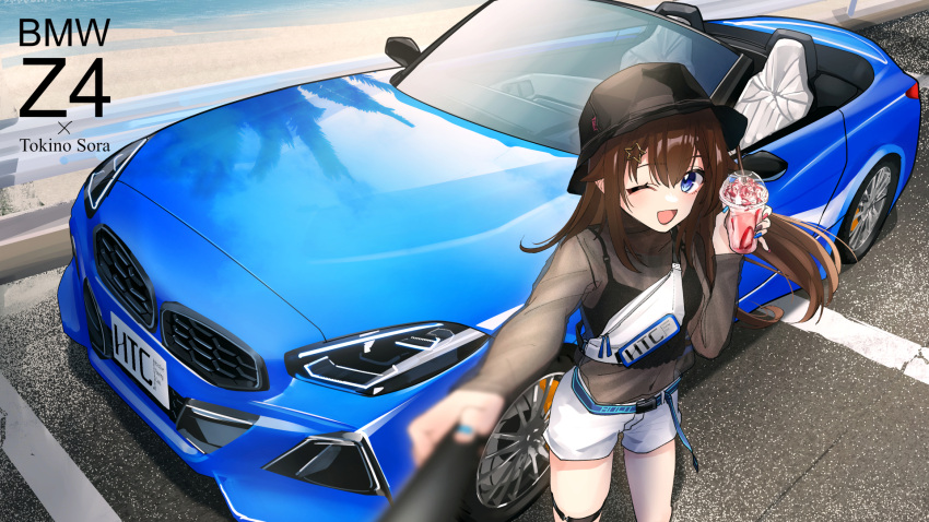 beach belt black_camisole black_hat black_shirt blue_belt blue_eyes blue_nails bmw bmw_z4 breasts brown_hair camisole car character_name convertible covered_navel crop_top fanny_pack female floating_hair hat highres holding hololive long_hair motor_vehicle multicolored_nails official_alternate_costume purple_nails red_nails see-through see-through_shirt selfie selfie_stick shirt shorts skindentation small_breasts smile solo thigh_strap tokino_sora tokino_sora_(streetwear) vehicle_focus vehicle_name virtual_youtuber white_shorts you'a