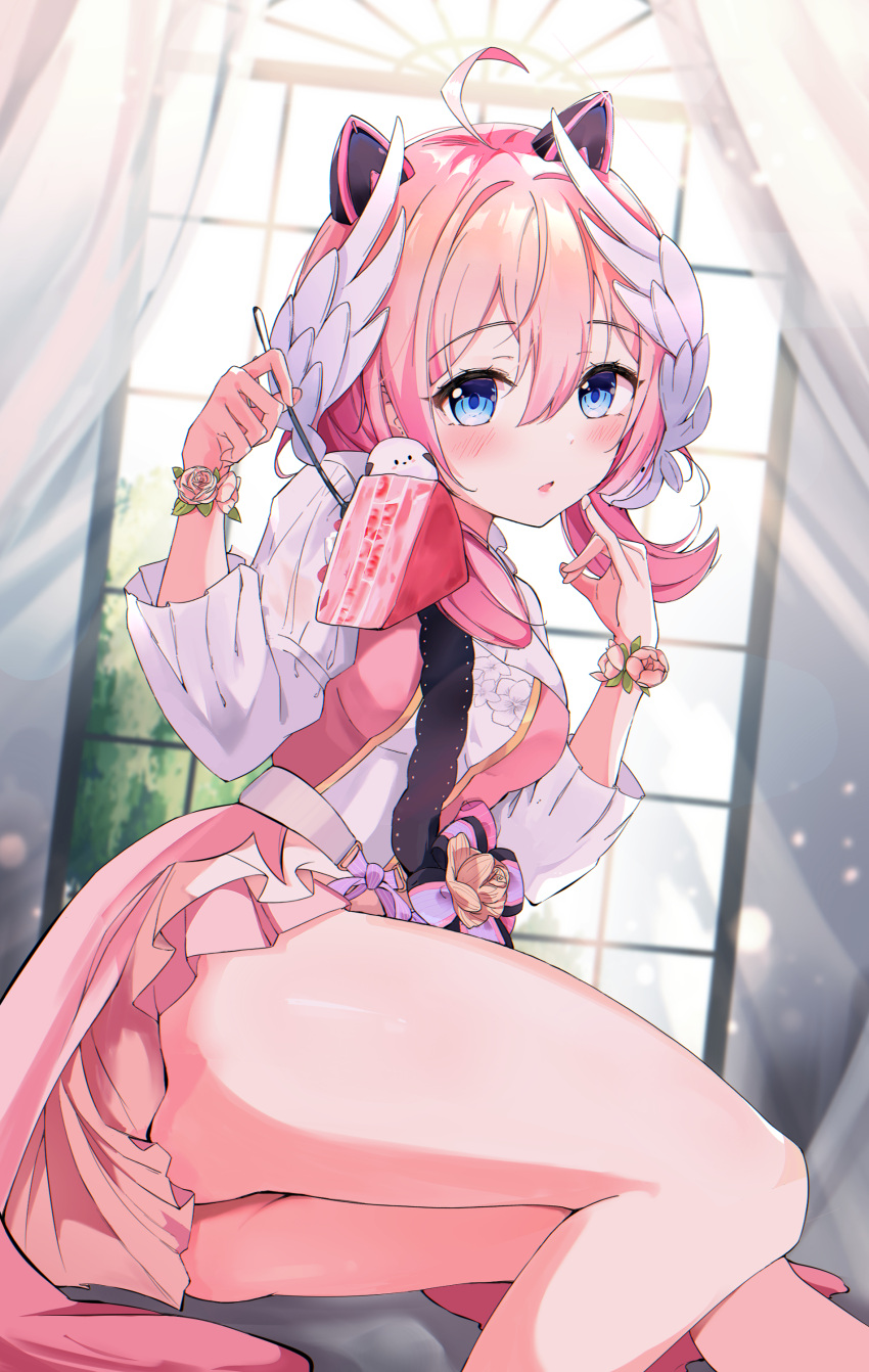 absurdres ahoge animal_ears ass blue_eyes blush cake commentary_request commission curtains fake_animal_ears female flower flower_bracelet food fork frilled_skirt frills hair_between_eyes hido_(cherryhido) highres holding holding_fork indie_virtual_youtuber looking_at_viewer parted_lips pink_hair pink_skirt pixiv_commission sakurada_hane sash shirt sitting skirt solo thighs virtual_youtuber white_shirt window winged_hair_ornament