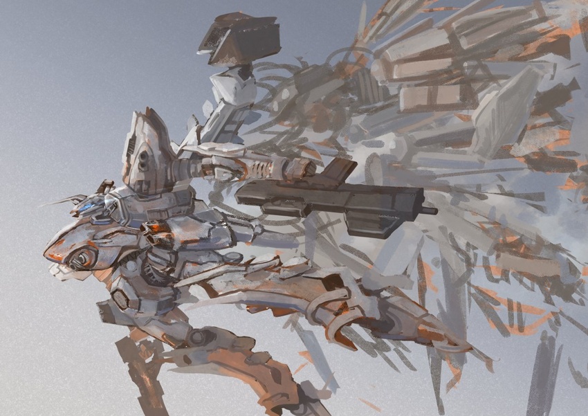 armored_core armored_core:_for_answer blue_eyes dual_wielding extra_eyes flying from_side gun holding holding_gun holding_weapon horns hukutuuprunes looking_ahead mecha mecha_focus no_humans robot science_fiction single_horn solo vanguard_overed_boost weapon white_glint