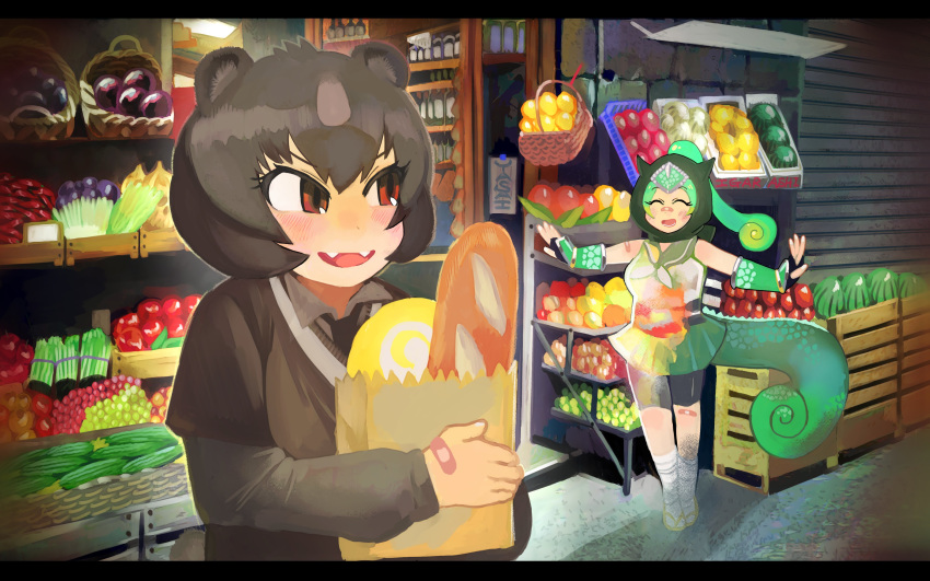 2girls :d ^_^ absurdres animal_ears bad_id bad_twitter_id bag bandaid bandaid_on_face bandaid_on_nose bear_ears bike_shorts black_hair blush bread camouflage chameleon_tail closed_eyes fangs fingerless_gloves food fruit gloves grocery_bag highres hood igarashi_(nogiheta) japanese_black_bear_(kemono_friends) japari_bun kemono_friends multiple_girls ninja open_mouth panther_chameleon_(kemono_friends) sailor_collar sandals shop shopping_bag skirt sleeveless smile tabi tail vegetable