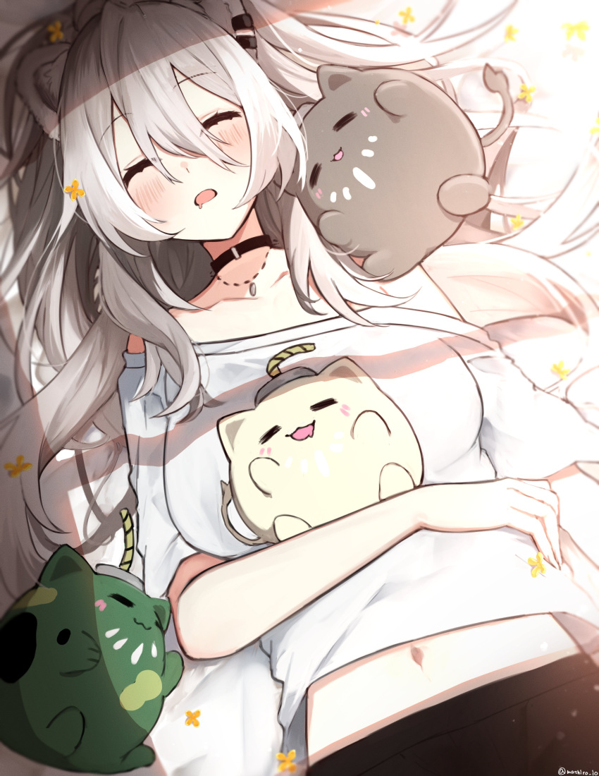 absurdres animal_ear_fluff animal_ears black_choker blush breast_pillow breasts choker commentary_request female grey_hair hair_between_eyes hair_ornament highres hololive large_breasts lion_ears lion_girl long_hair mashiro_io messy_hair multiple_others navel official_alternate_costume open_mouth shirt shishiro_botan shishiro_botan_(casual) sleeping smile ssrb_(shishiro_botan) t-shirt two_side_up virtual_youtuber