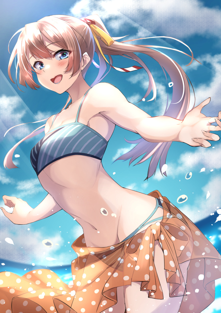 :d bad_anatomy bad_perspective bare_arms bare_shoulders bikini blue_eyes blush brown_hair cloud collarbone cowboy_shot day female fingernails groin hair_between_eyes highres kagari_liroi kantai_collection kazagumo_(kancolle) kazagumo_(swimsuit_mode)_(kancolle) long_hair looking_at_viewer navel ocean open_mouth outdoors polka_dot polka_dot_sarong ponytail sarong sky smile solo striped_bikini striped_clothes swimsuit tankini water