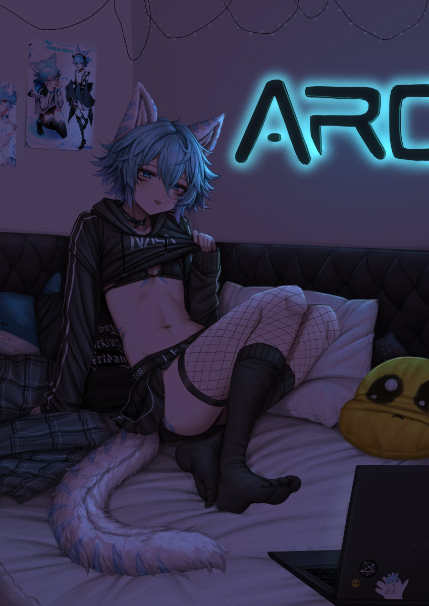 1boy :p absurdres animal_ears archon_eclipse bikini bikini_top_only black_bikini black_choker black_skirt black_socks blue_eyes blue_hair body_markings choker christmas_lights christmas_ornaments clothes_lift commission computer emoji feet fishnet_thighhighs fishnets highres ikea_shark indie_virtual_youtuber laptop legs leopard_boy leopard_ears leopard_tail lifting_own_clothes lobsteranian long_sleeves looking_at_viewer male_focus marking_on_cheek navel no_shoes otoko_no_ko pillow pleading_face_emoji poster_(object) shirt_lift short_hair sitting skirt snow_leopard socks soles spotted_tail stuffed_animal stuffed_shark stuffed_toy swimsuit tail thighhighs toes tongue tongue_out virtual_youtuber