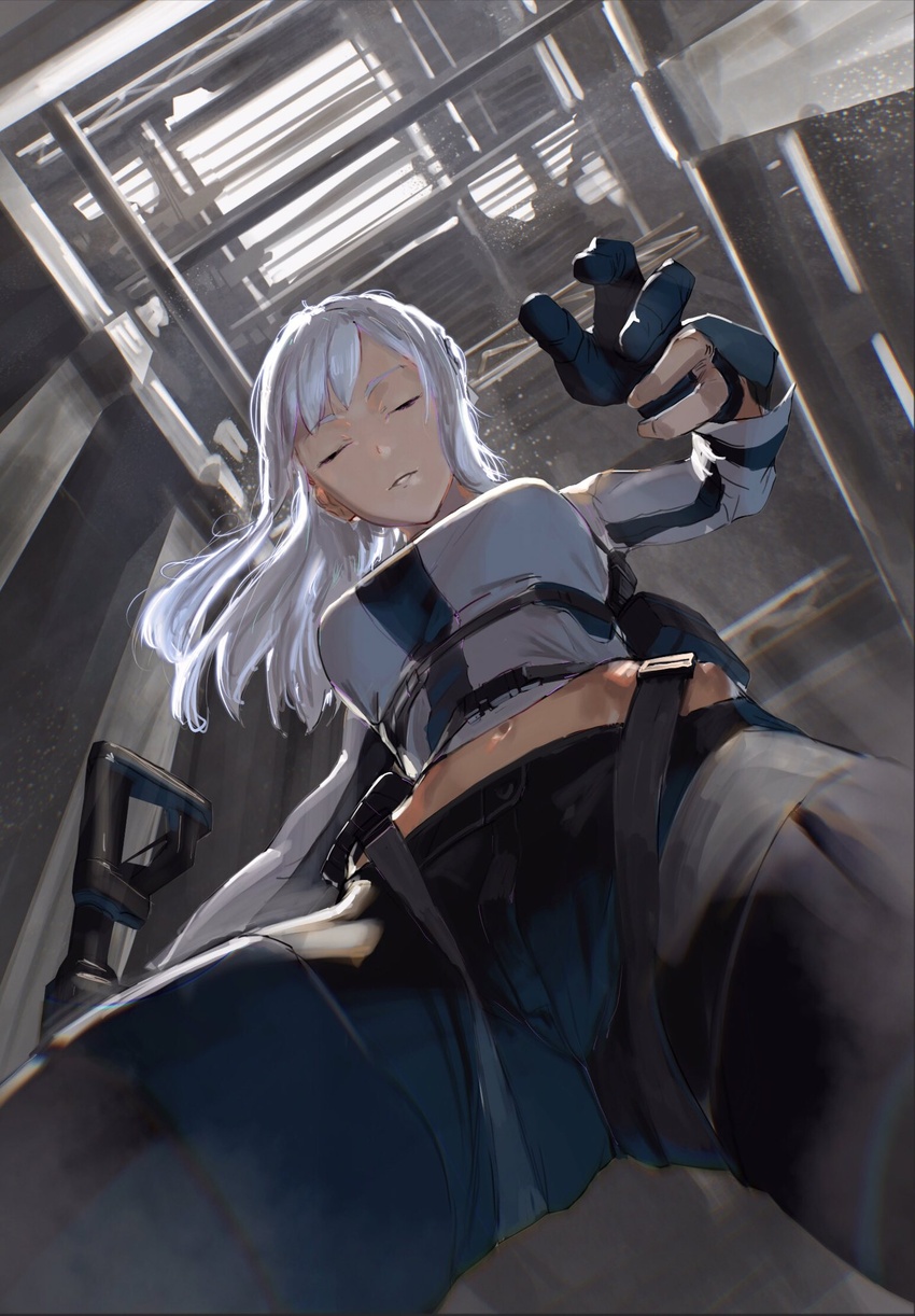 ak-12_(girls'_frontline) assault_rifle black_pants breasts closed_eyes female from_below girls'_frontline gloves grey_hair gun had_(had314) highres holding holding_gun holding_weapon indoors large_breasts long_hair looking_down midriff navel pants parted_lips partially_fingerless_gloves rifle tactical_clothes weapon